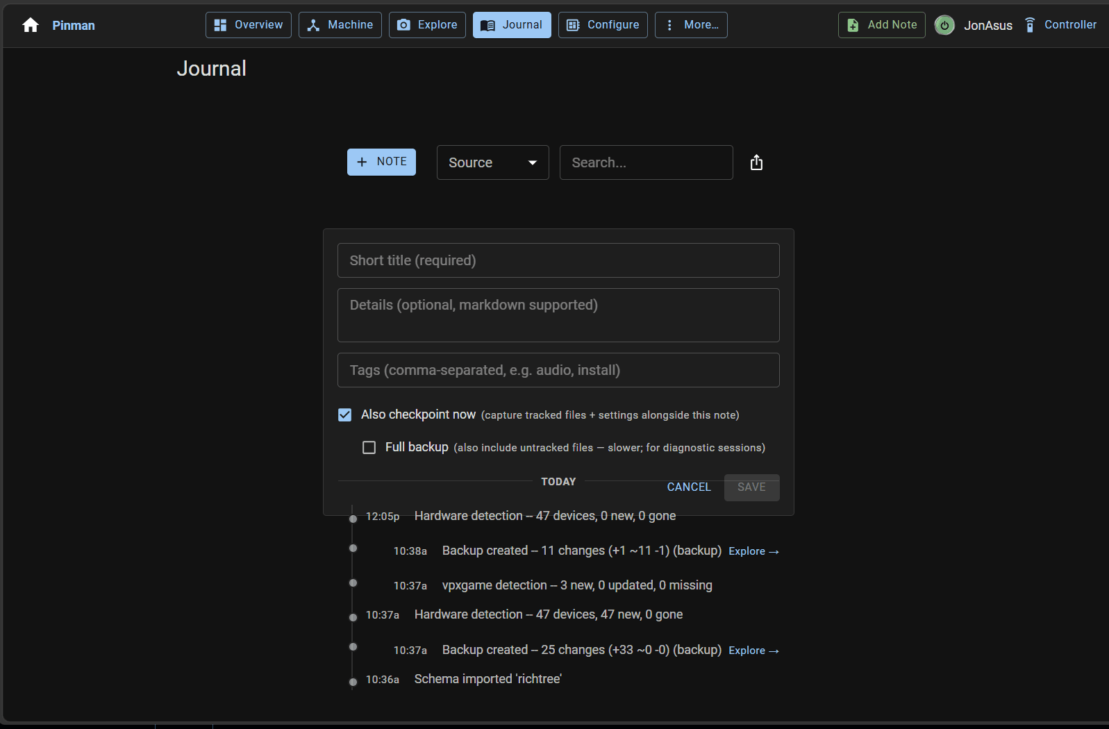 Pinman 2 Journal view showing configuration work in context
