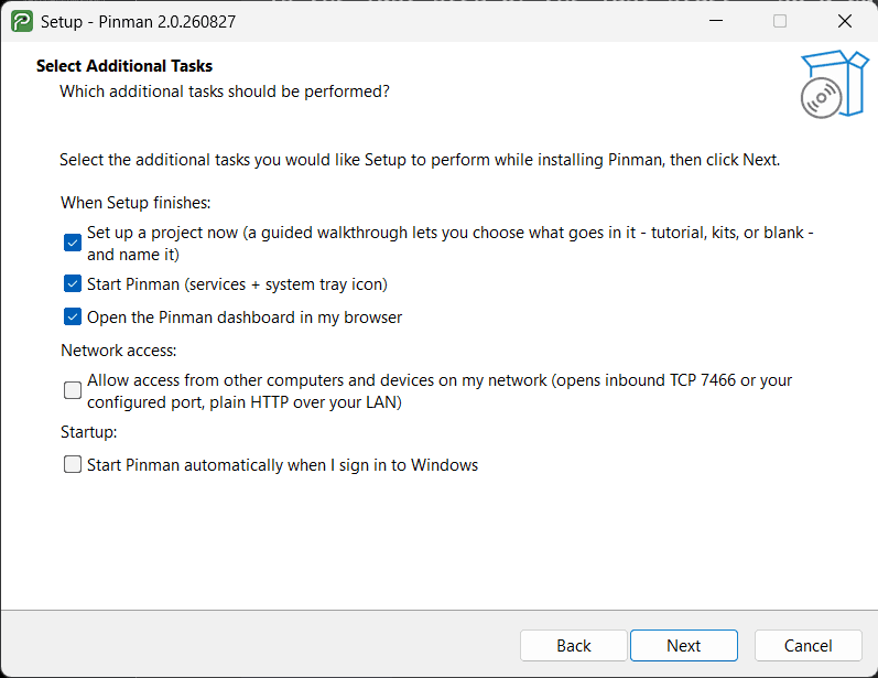 The installer's Select Additional Tasks page with checkboxes for starting Pinman, opening the dashboard, network access, and starting at sign-in.