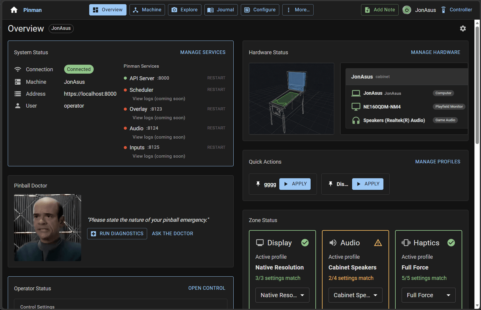 Pinman 2 Dashboard showing cabinet hardware, service status, Profiles, and Pinball Doctor