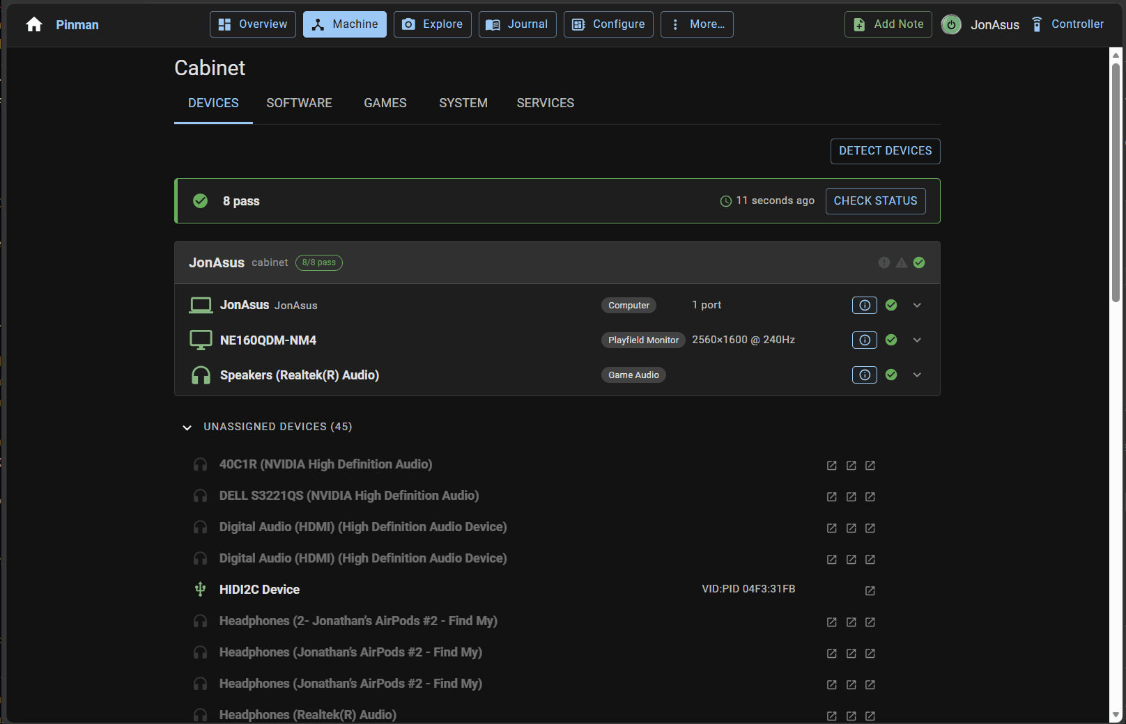 Pinman 2 Machine view showing assigned and detected hardware devices