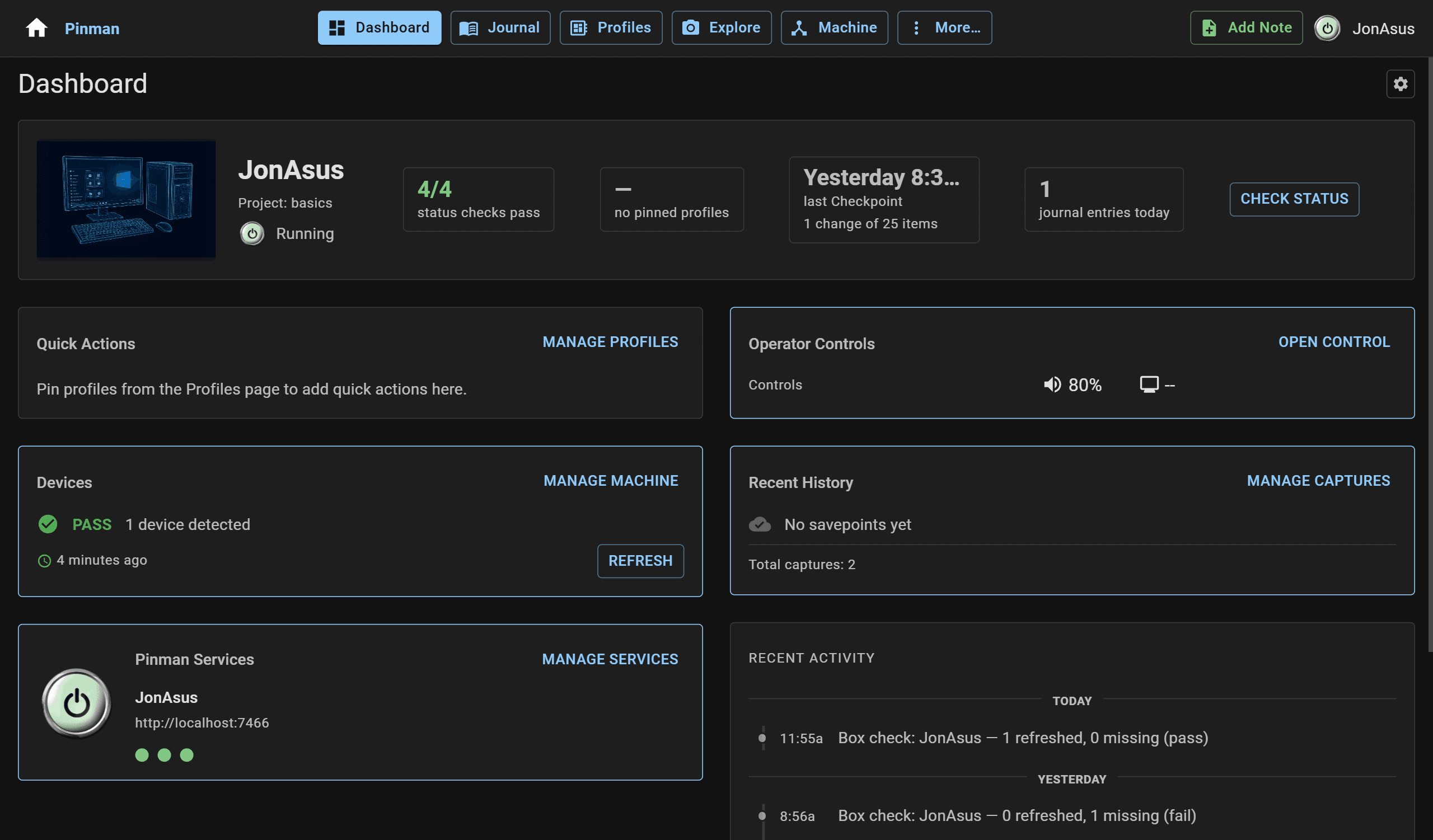 Pinman 2 Dashboard showing service, hardware, Profile, and Zone status