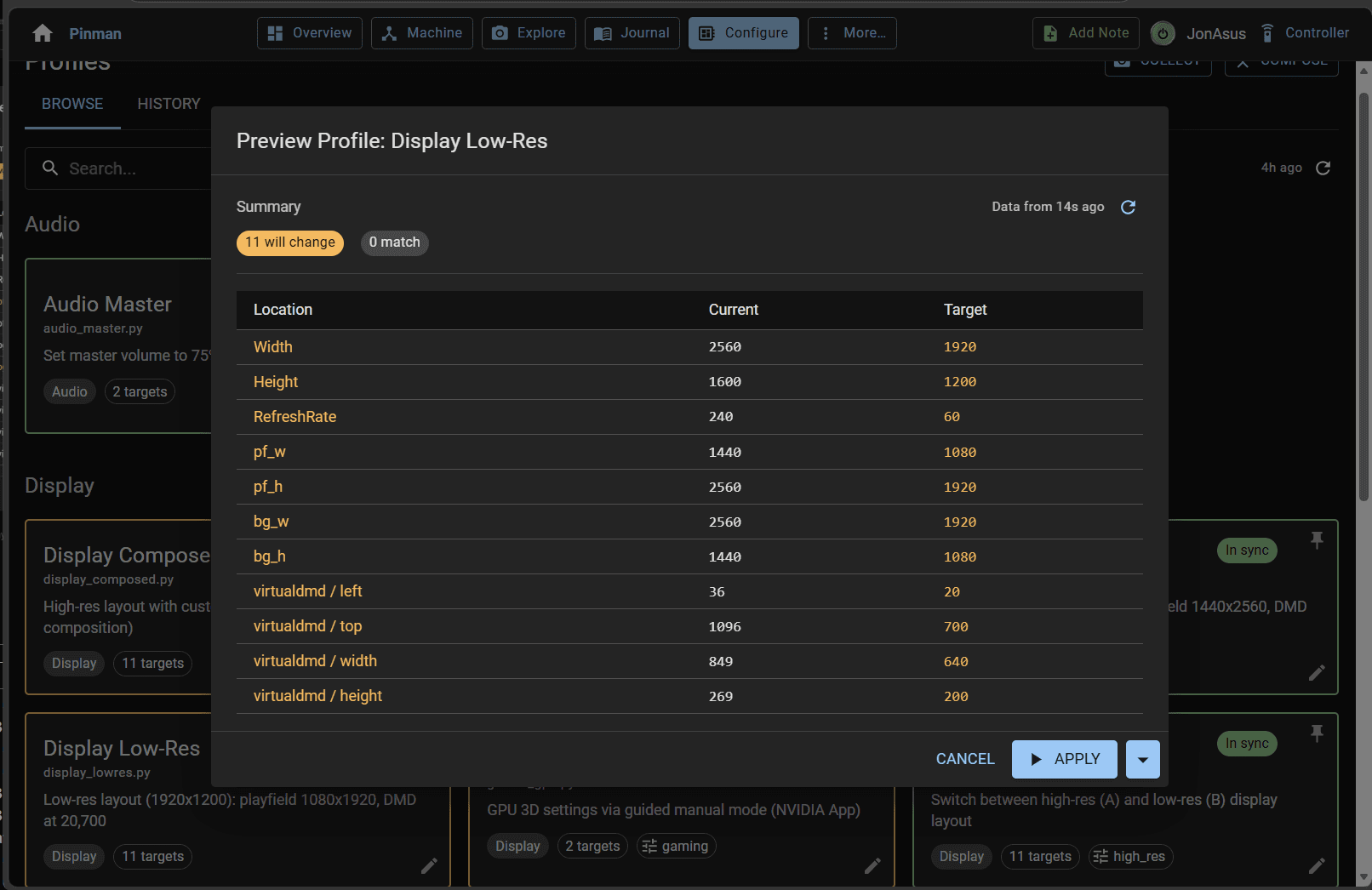 Pinman 2 Profile preview comparing current and target values before applying changes