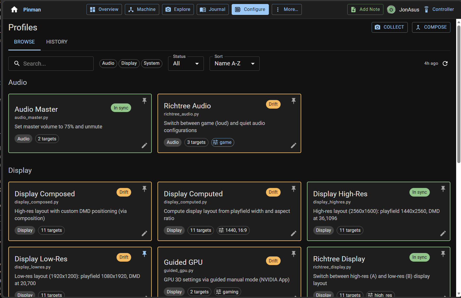 Pinman 2 Profiles view showing in-sync and drifted configurations