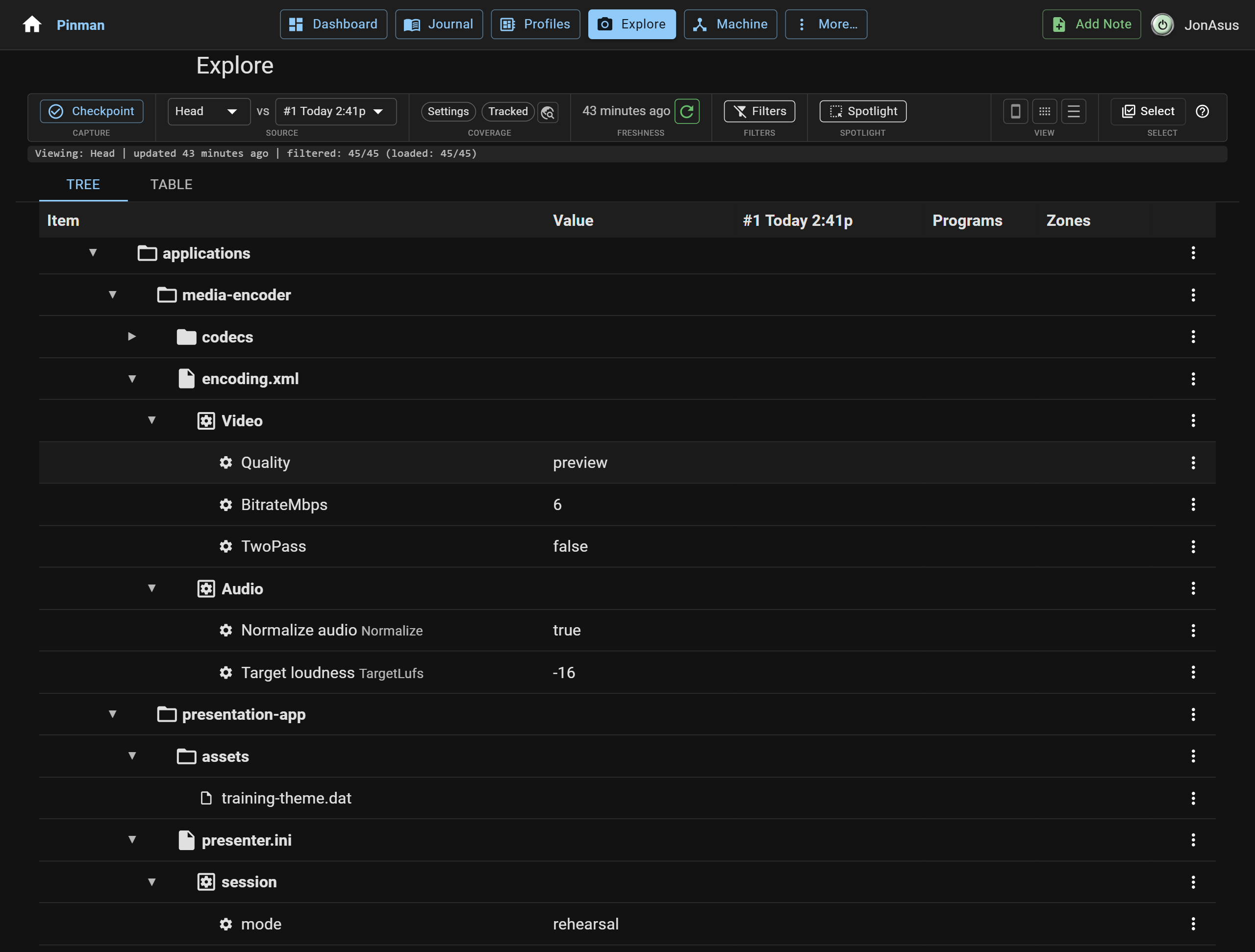 Expanded XML data file in the tree