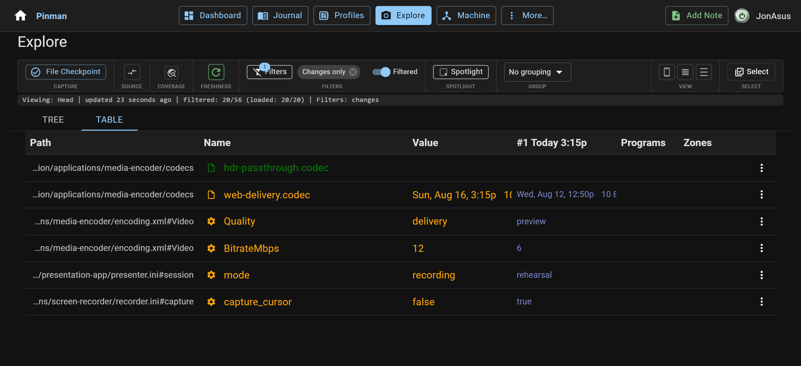 Explore table view after optimization, with changes-only filter