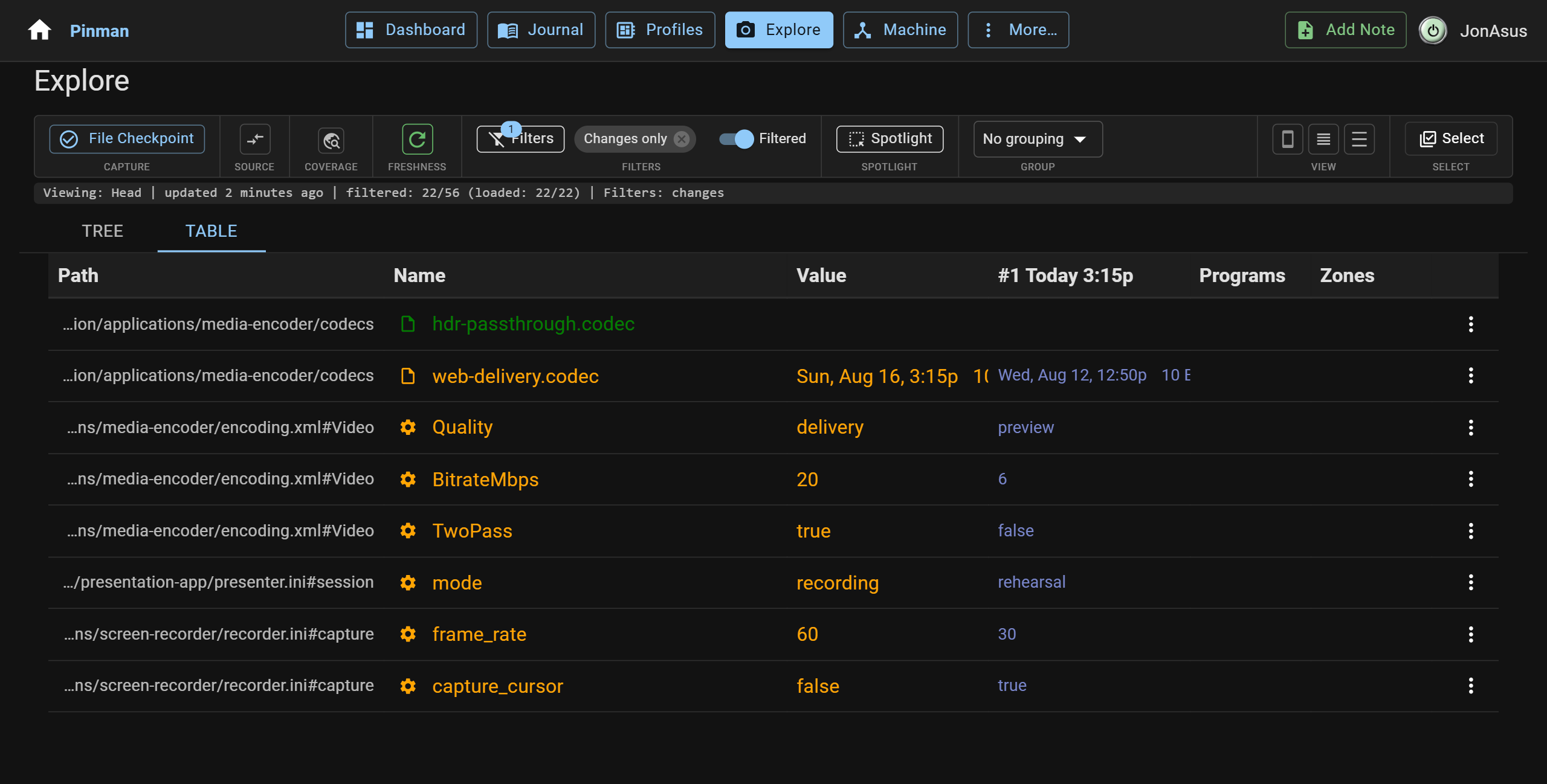 Explore table view, with changes-only filter