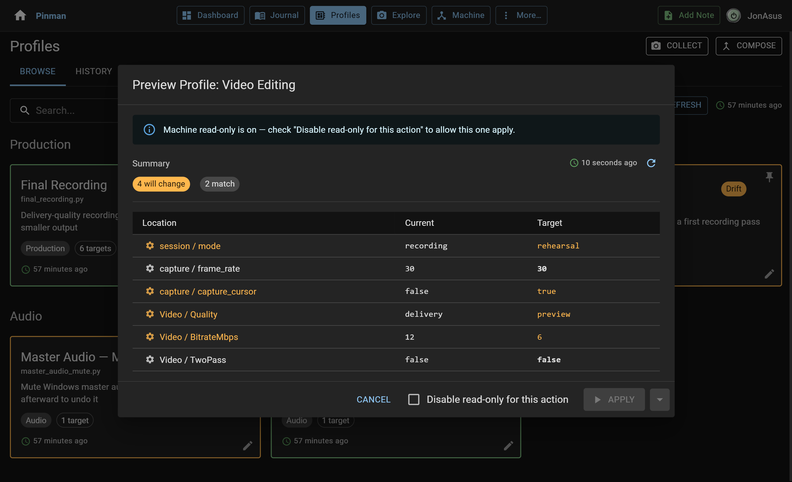 A preview of the Video Editing Profile shows current and target values