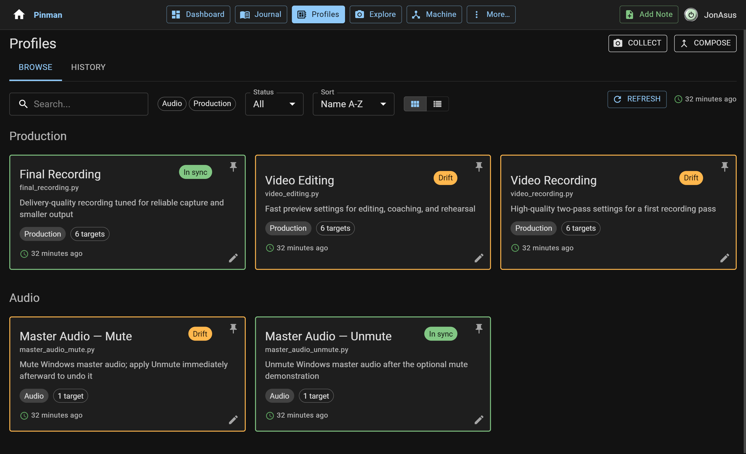 Profiles showing In sync and Drift statuses