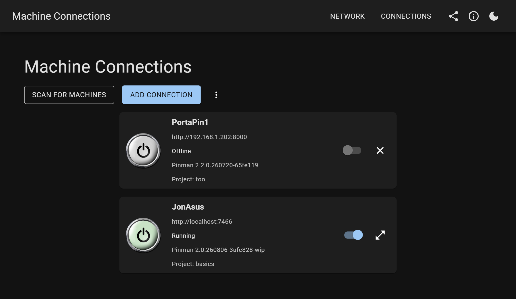The Connections page with one running machine and one offline machine