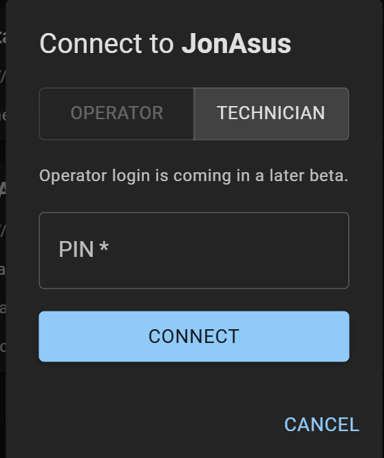 Choosing a role and entering a PIN to connect